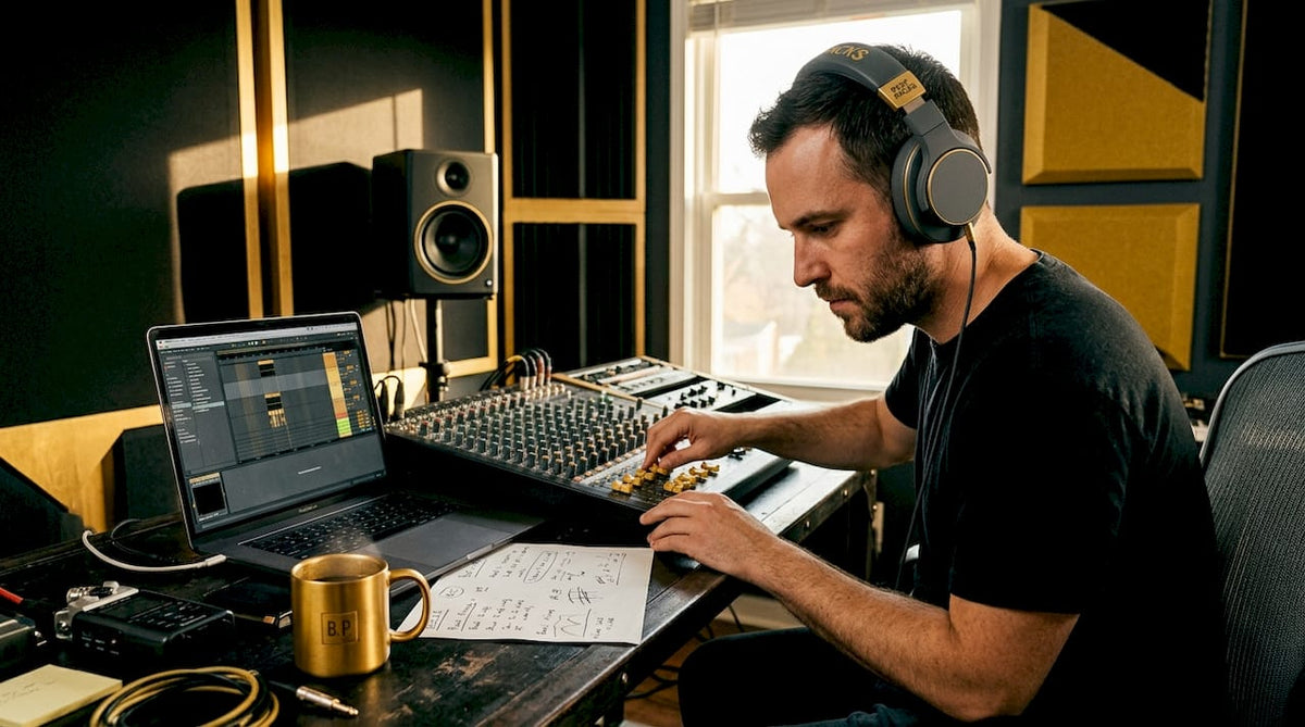 Music producer adjusting mixing console in home studio