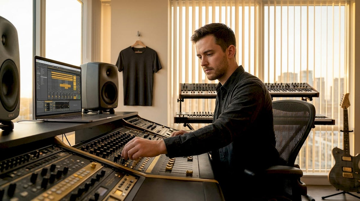 Music producer working in home beat studio