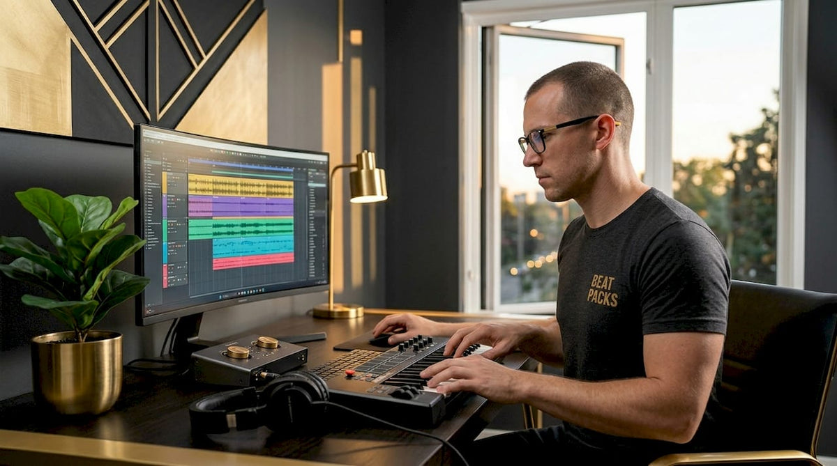 Music producer working on a beat in home studio