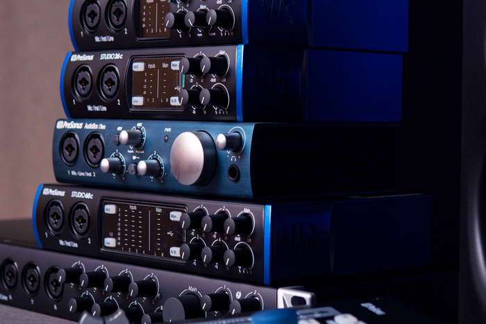 Home studio setup with audio interface and recording gear