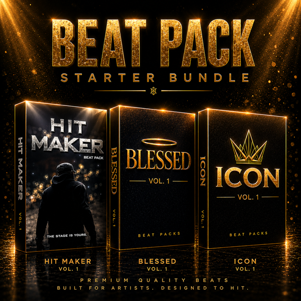 Three beat packs with 'Hit Maker', 'Blessed', and 'Icon' branding on a dark background.