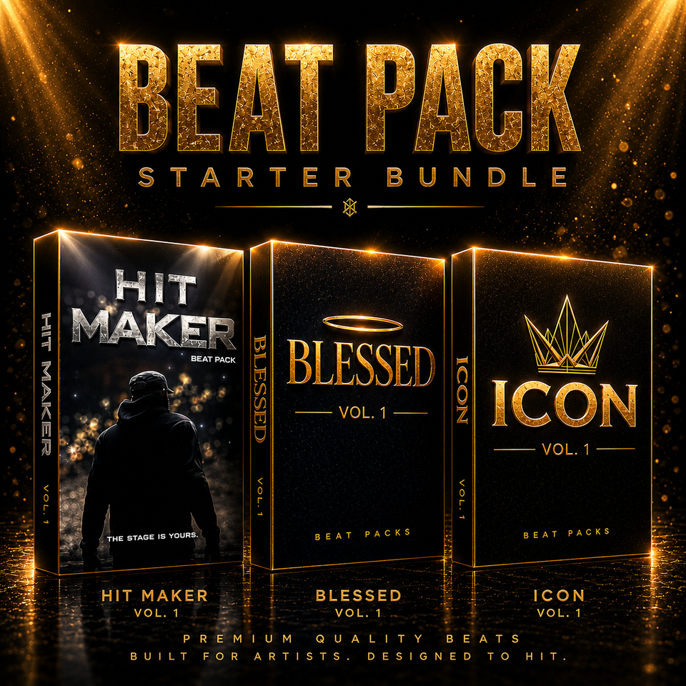 Three beat packs with 'Hit Maker', 'Blessed', and 'Icon' branding on a dark background.